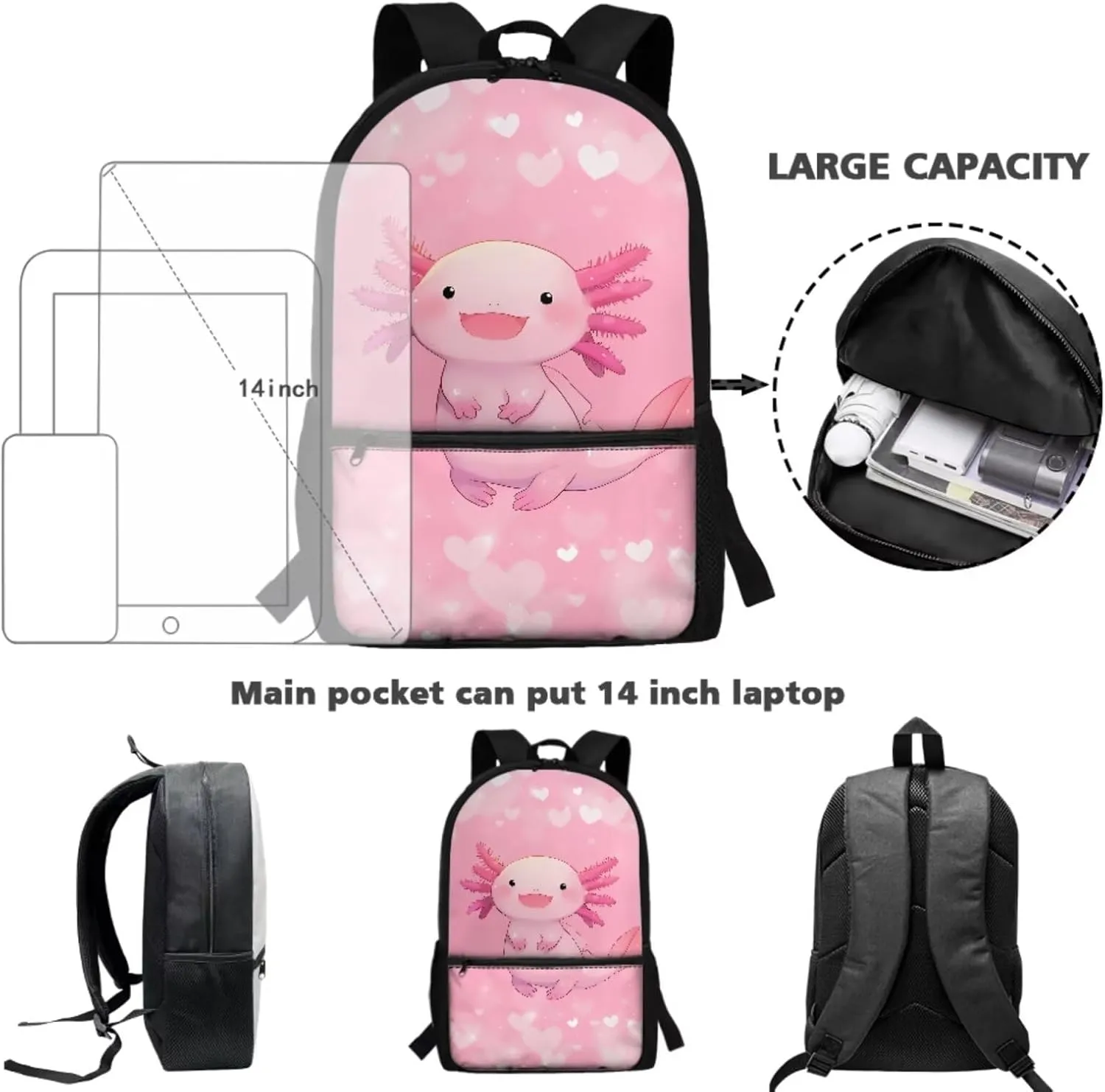 Cute Axolotl Girls Backpack With Lunch Box Elementary School Bookbag Kids 6-8/8-10 Pink School Bag Small Pencil Case 17inch Back Pack Children Book Bags 3Rd 4Th 5Th 6Th Grade Teen Schoolbag