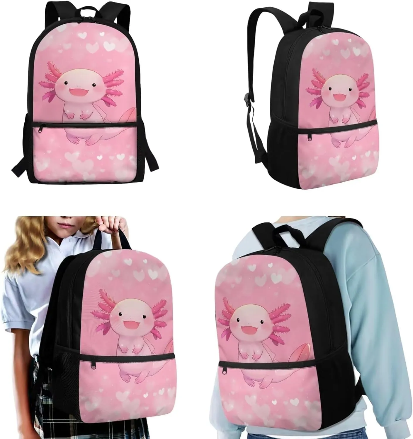 Cute Axolotl Girls Backpack With Lunch Box Elementary School Bookbag Kids 6-8/8-10 Pink School Bag Small Pencil Case 17inch Back Pack Children Book Bags 3Rd 4Th 5Th 6Th Grade Teen Schoolbag