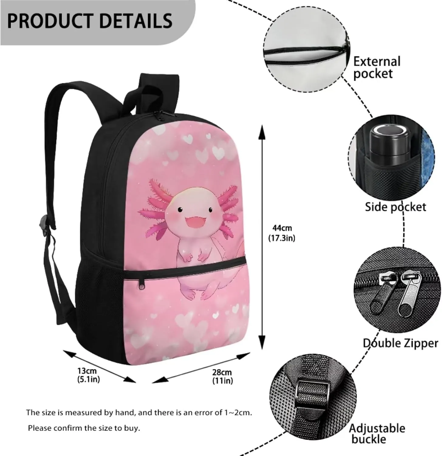 Cute Axolotl Girls Backpack With Lunch Box Elementary School Bookbag Kids 6-8/8-10 Pink School Bag Small Pencil Case 17inch Back Pack Children Book Bags 3Rd 4Th 5Th 6Th Grade Teen Schoolbag
