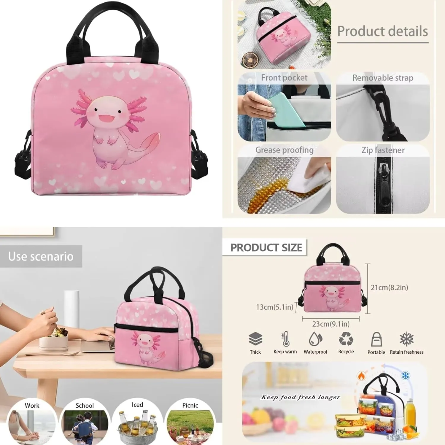 Cute Axolotl Girls Backpack With Lunch Box Elementary School Bookbag Kids 6-8/8-10 Pink School Bag Small Pencil Case 17inch Back Pack Children Book Bags 3Rd 4Th 5Th 6Th Grade Teen Schoolbag