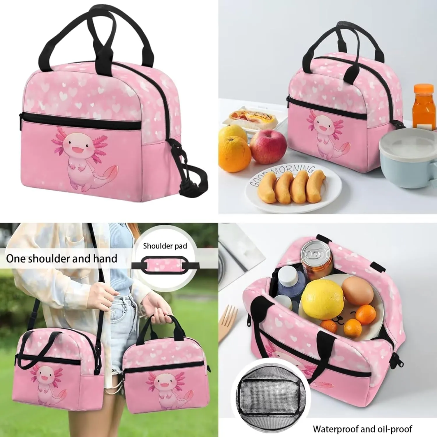 Cute Axolotl Girls Backpack With Lunch Box Elementary School Bookbag Kids 6-8/8-10 Pink School Bag Small Pencil Case 17inch Back Pack Children Book Bags 3Rd 4Th 5Th 6Th Grade Teen Schoolbag