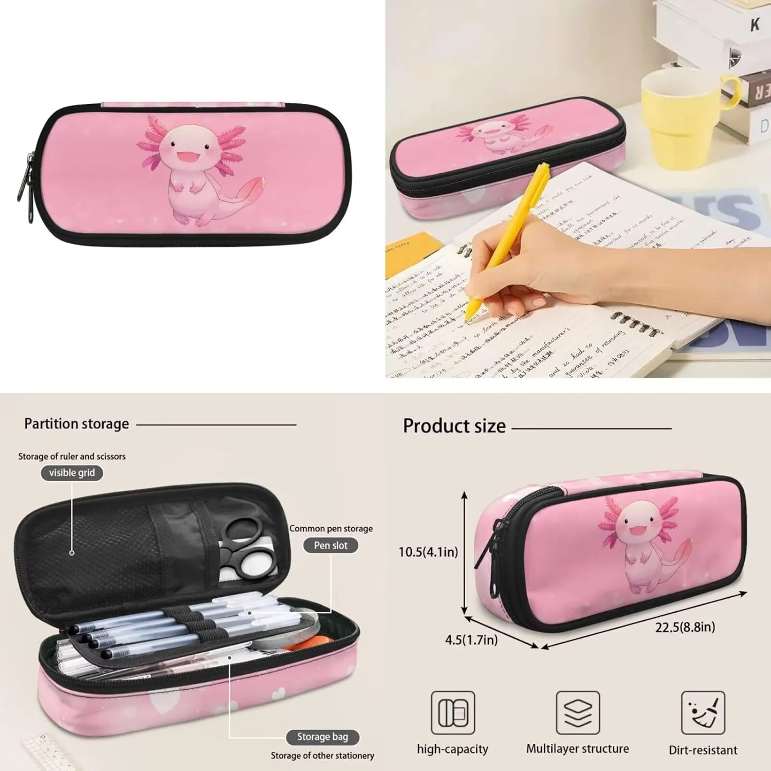 Cute Axolotl Girls Backpack With Lunch Box Elementary School Bookbag Kids 6-8/8-10 Pink School Bag Small Pencil Case 17inch Back Pack Children Book Bags 3Rd 4Th 5Th 6Th Grade Teen Schoolbag