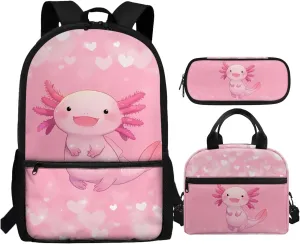 Cute Axolotl Girls Backpack With Lunch Box Elementary School Bookbag Kids 6-8/8-10 Pink School Bag Small Pencil Case 17inch Back Pack Children Book Bags 3Rd 4Th 5Th 6Th Grade Teen Schoolbag