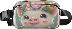 Cute Cartoon Pig Fanny Pack Waist Pack Water Resistant Extendable Buckle Strap Crossbody Purse Travel Pouch for Running Hiking Training 8×5.3×1.6 IN