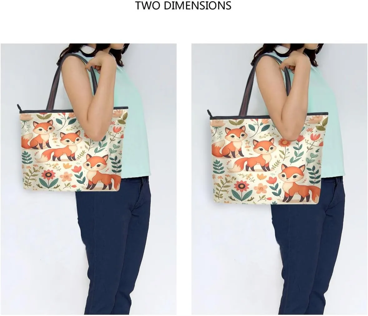 Cute Fox and Floral Elements Shoulder Bags Large Handle Ladies Handbag