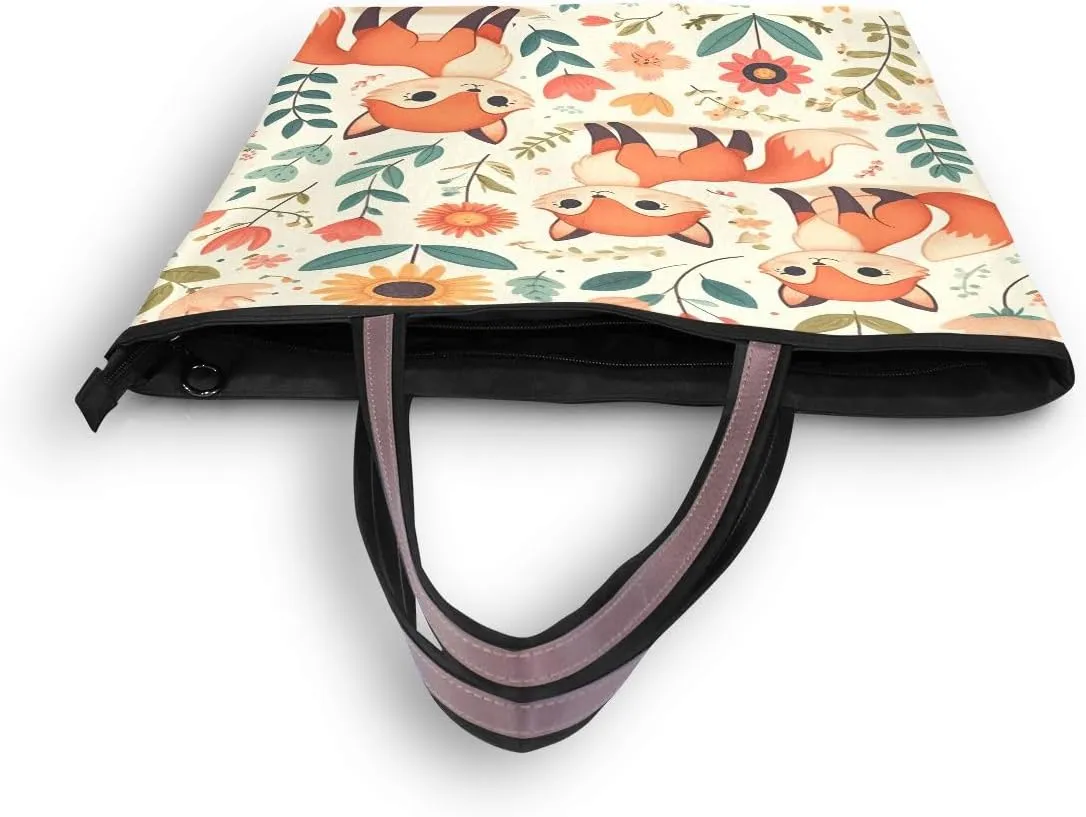 Cute Fox and Floral Elements Shoulder Bags Large Handle Ladies Handbag