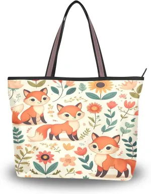 Cute Fox and Floral Elements Shoulder Bags Large Handle Ladies Handbag