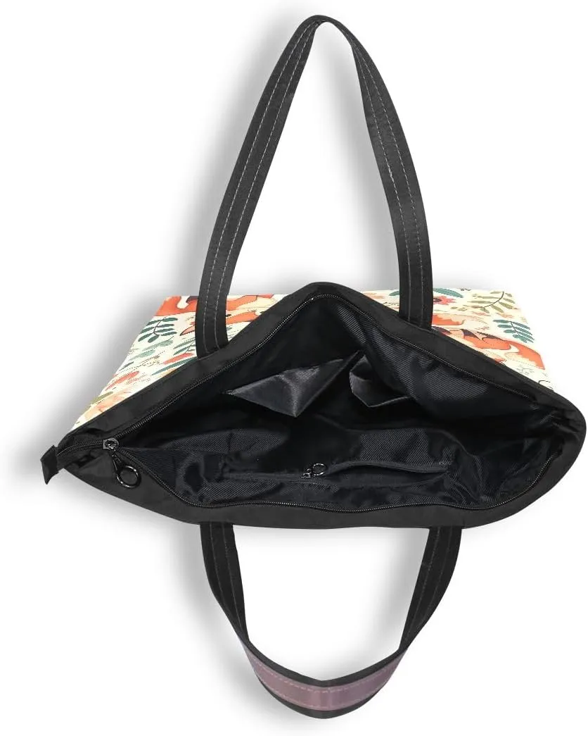 Cute Fox and Floral Elements Shoulder Bags Large Handle Ladies Handbag