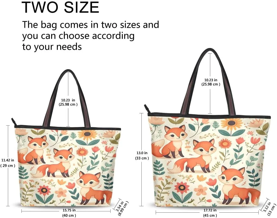 Cute Fox and Floral Elements Shoulder Bags Large Handle Ladies Handbag