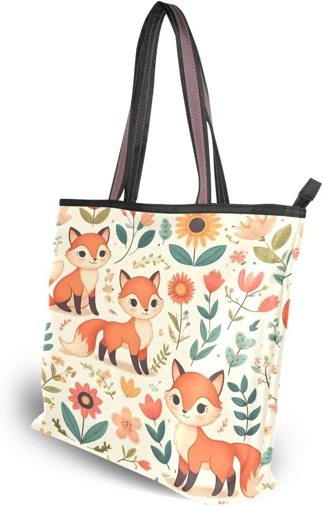 Cute Fox and Floral Elements Shoulder Bags Large Handle Ladies Handbag