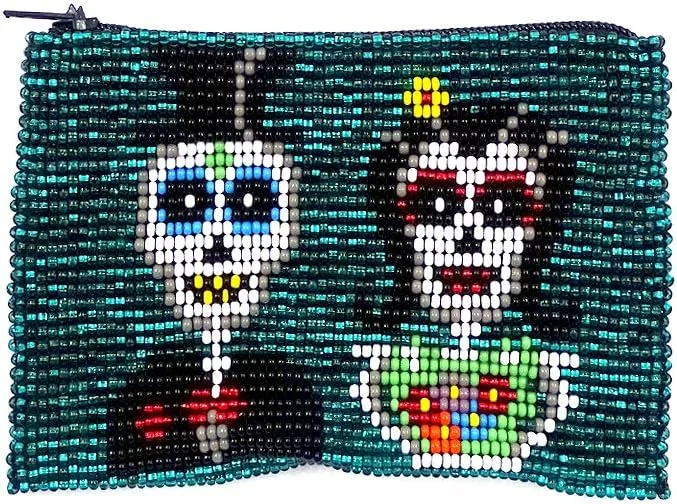 Day of the Dead Skeleton Couple Czech Glass Seed Beaded Coin Purse Zipper Pouch - Womens Fashion Handmade Bags Themed Travel Accessories (Teal)