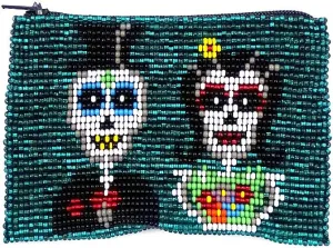 Day of the Dead Skeleton Couple Czech Glass Seed Beaded Coin Purse Zipper Pouch - Womens Fashion Handmade Bags Themed Travel Accessories (Teal)