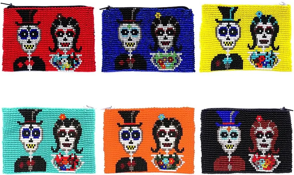 Day of the Dead Skeleton Couple Czech Glass Seed Beaded Coin Purse Zipper Pouch - Womens Fashion Handmade Bags Themed Travel Accessories (Teal)
