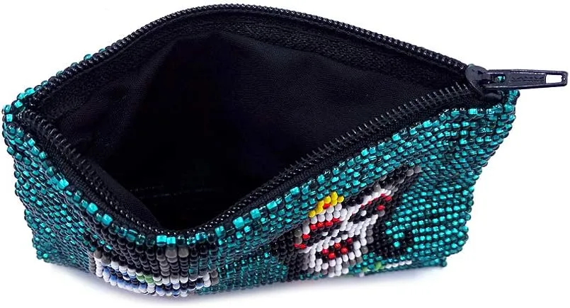 Day of the Dead Skeleton Couple Czech Glass Seed Beaded Coin Purse Zipper Pouch - Womens Fashion Handmade Bags Themed Travel Accessories (Teal)
