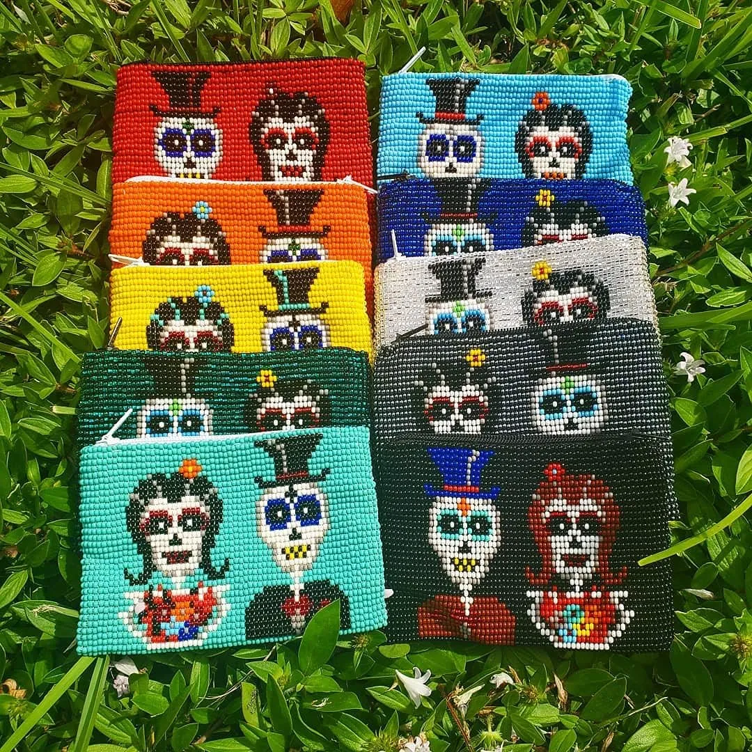 Day of the Dead Skeleton Couple Czech Glass Seed Beaded Coin Purse Zipper Pouch - Womens Fashion Handmade Bags Themed Travel Accessories (Teal)