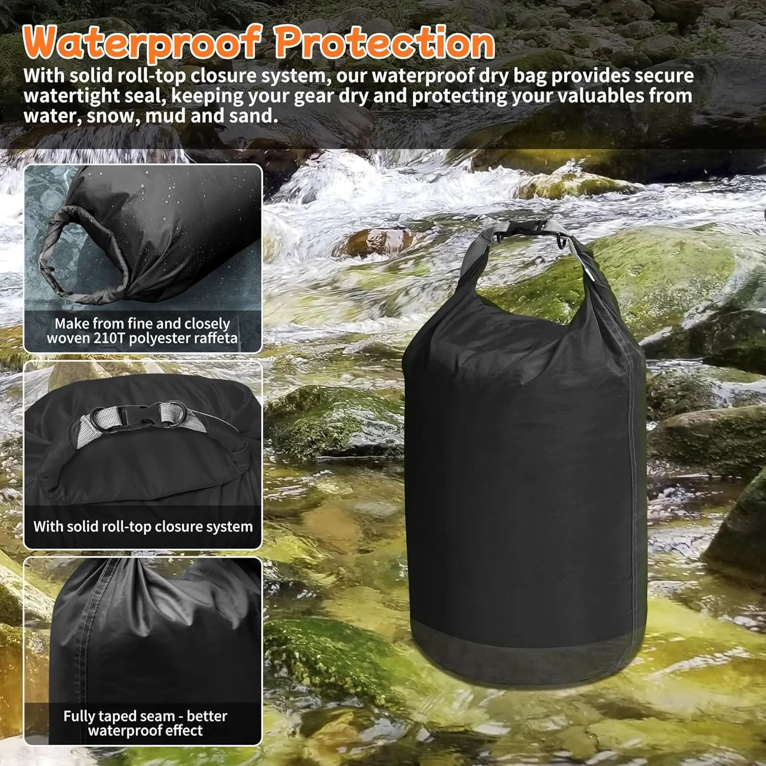 Desoto Waterproof Dry Bag 2 packs, 2L/5L/10L/20L/40L/70L Dry Sack Lightweight Portable, Dry Storage Bag to Keep Gear Dry Clean for Kayaking, Gym, Hiking, Swimming, Camping (Black, 20L)