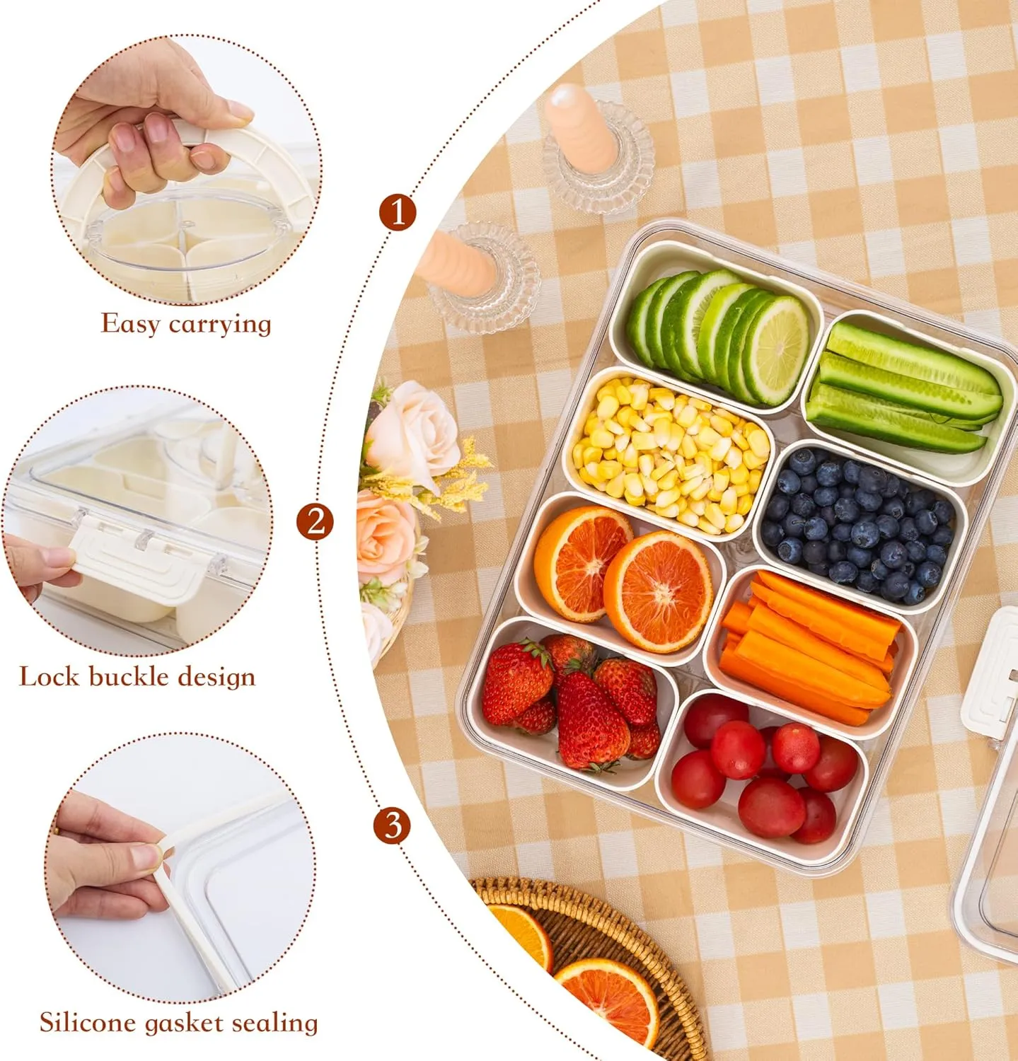 Divided Snack Serving Tray with Lid and Handle Travel Snackle Charcuterie Container Portable Storage Organizer for Candy, Fruits, Nuts, Snacks, Party, Picnic 2 Packs White