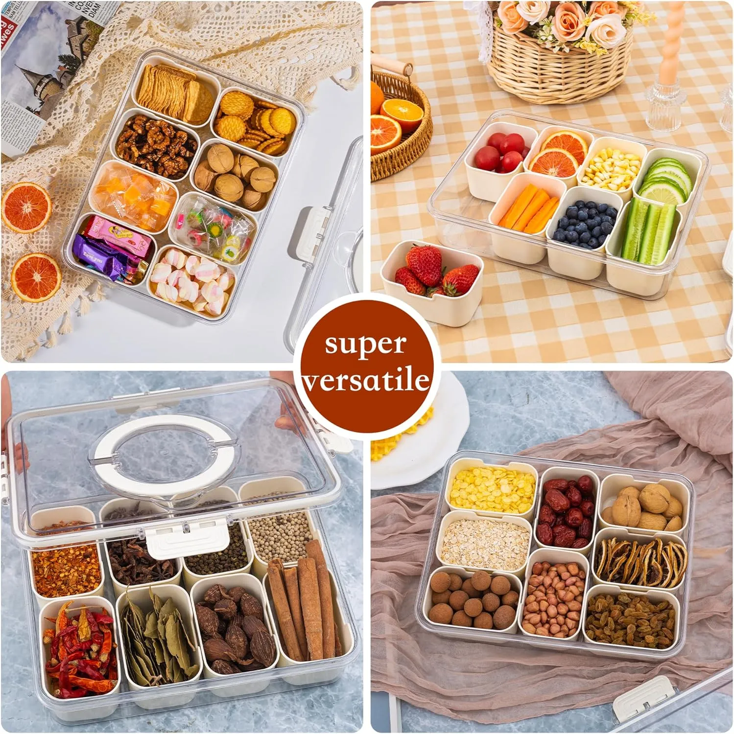 Divided Snack Serving Tray with Lid and Handle Travel Snackle Charcuterie Container Portable Storage Organizer for Candy, Fruits, Nuts, Snacks, Party, Picnic 2 Packs White