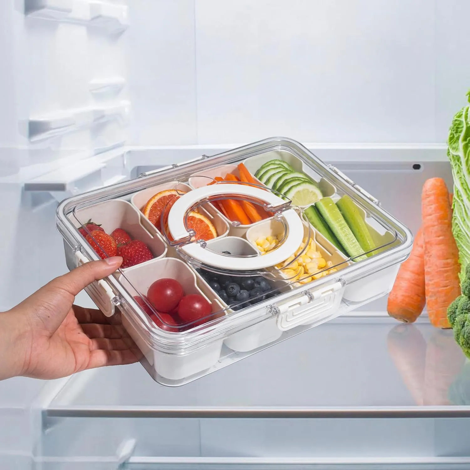 Divided Snack Serving Tray with Lid and Handle Travel Snackle Charcuterie Container Portable Storage Organizer for Candy, Fruits, Nuts, Snacks, Party, Picnic 2 Packs White
