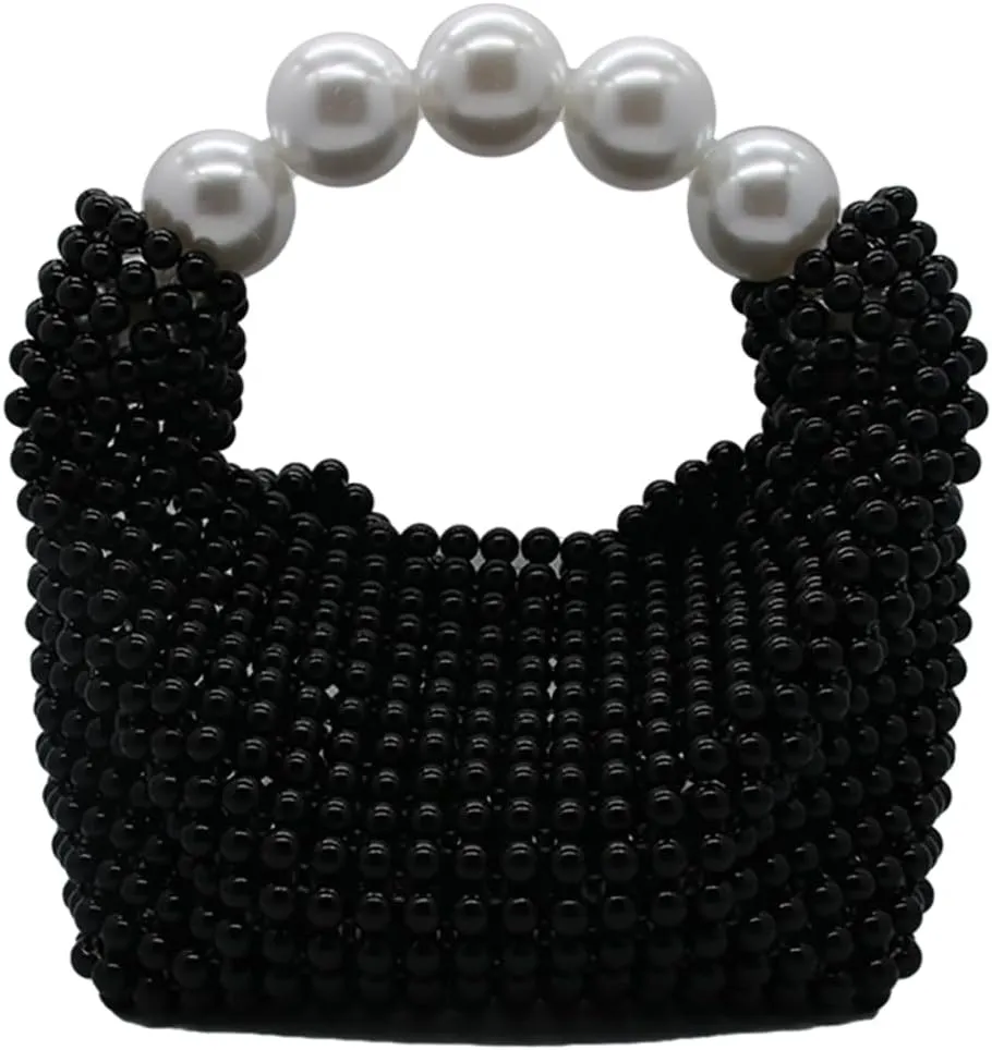 DJBM Women Handmade Pearl Beaded Clutch Bucket Evening Handbag Acrylic Pearl Purse for Party Wedding