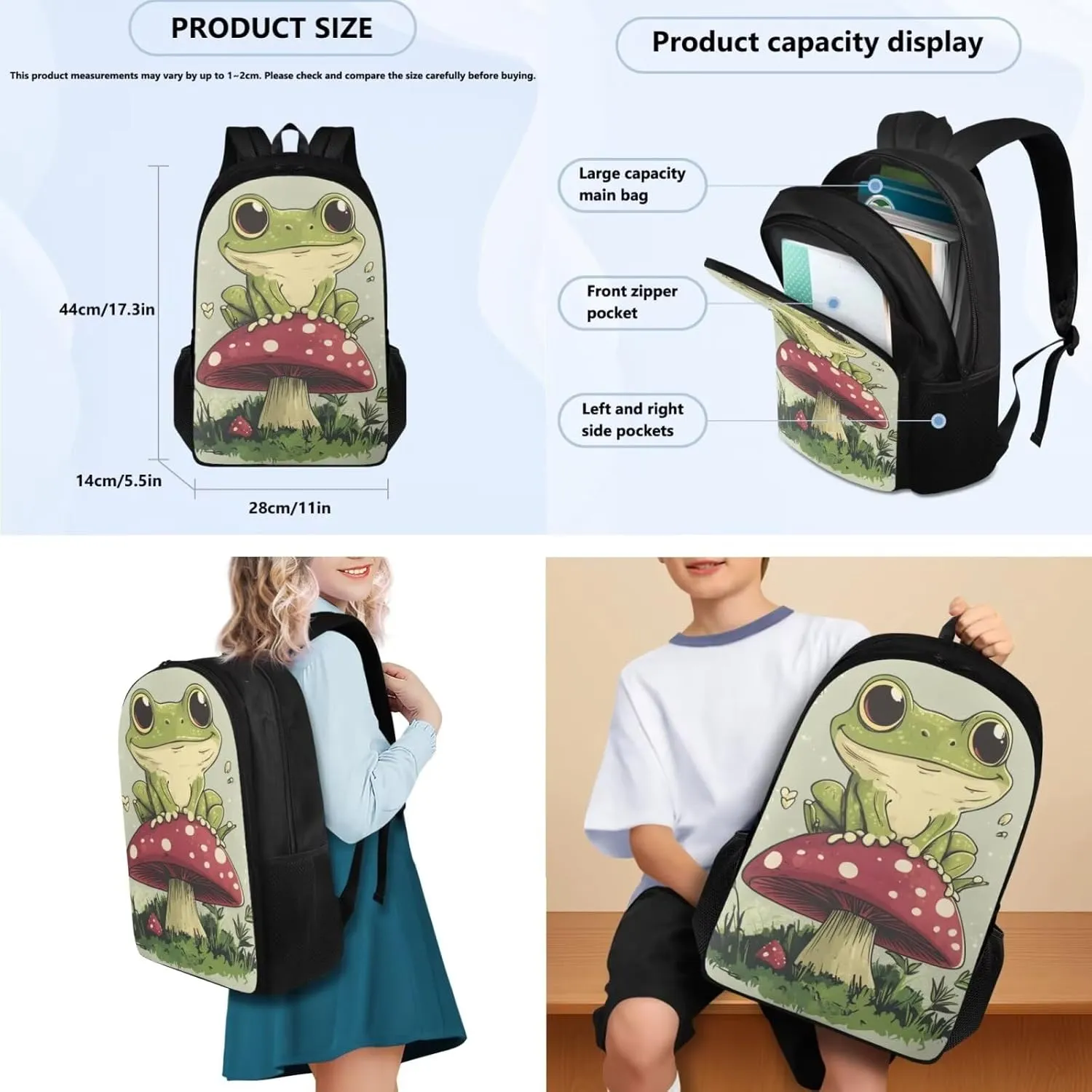 doginthehole Cute Frog Backpack for Girls 3pcs Set Lightweight Kids Backpack with Lunch Box Students Kawaii Mushroom Book Bag for Preschool Elementary Primary School Bags