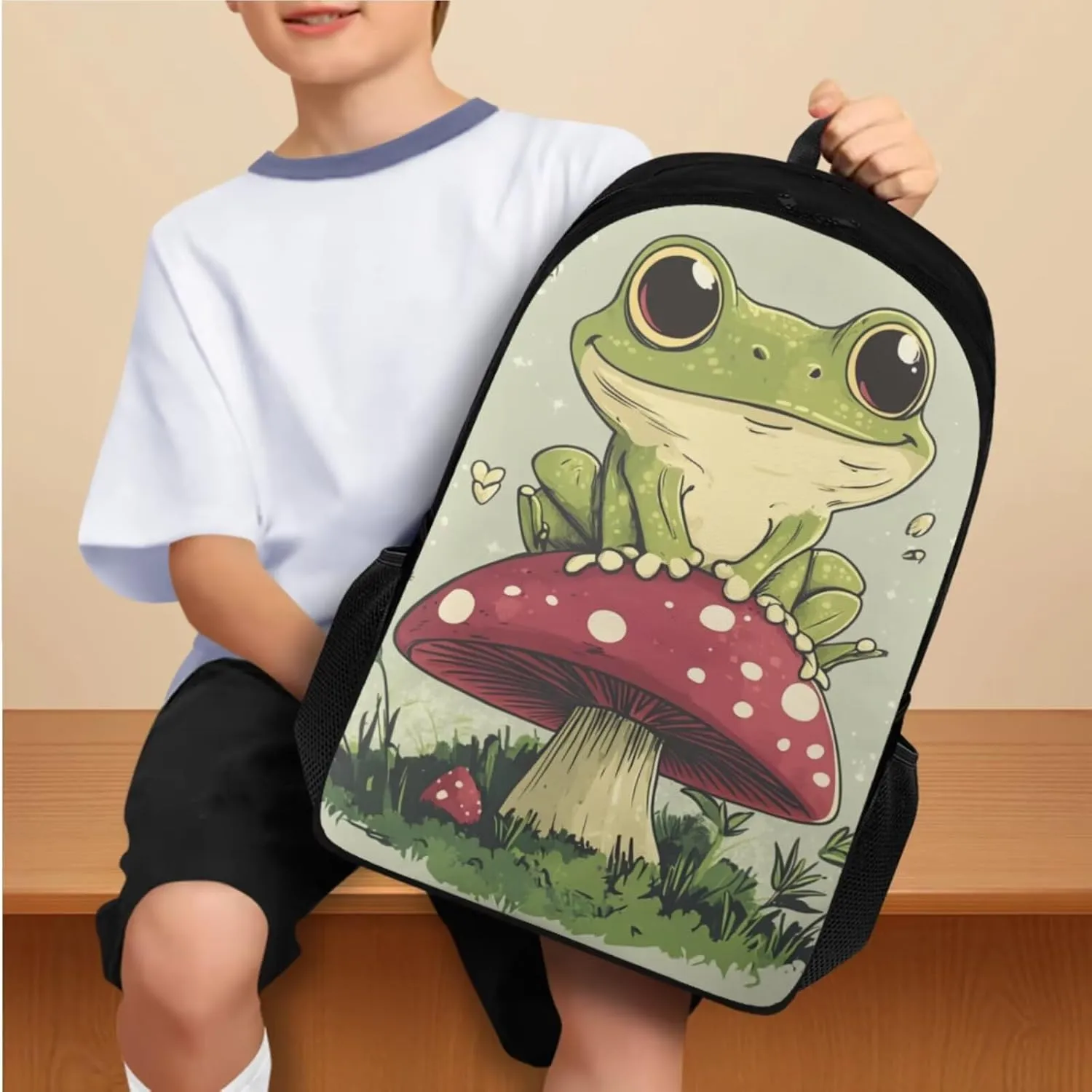 doginthehole Cute Frog Backpack for Girls 3pcs Set Lightweight Kids Backpack with Lunch Box Students Kawaii Mushroom Book Bag for Preschool Elementary Primary School Bags