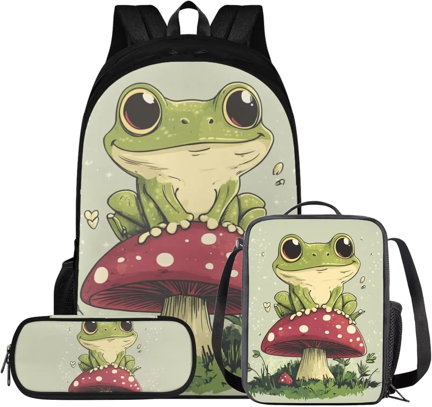 doginthehole Cute Frog Backpack for Girls 3pcs Set Lightweight Kids Backpack with Lunch Box Students Kawaii Mushroom Book Bag for Preschool Elementary Primary School Bags