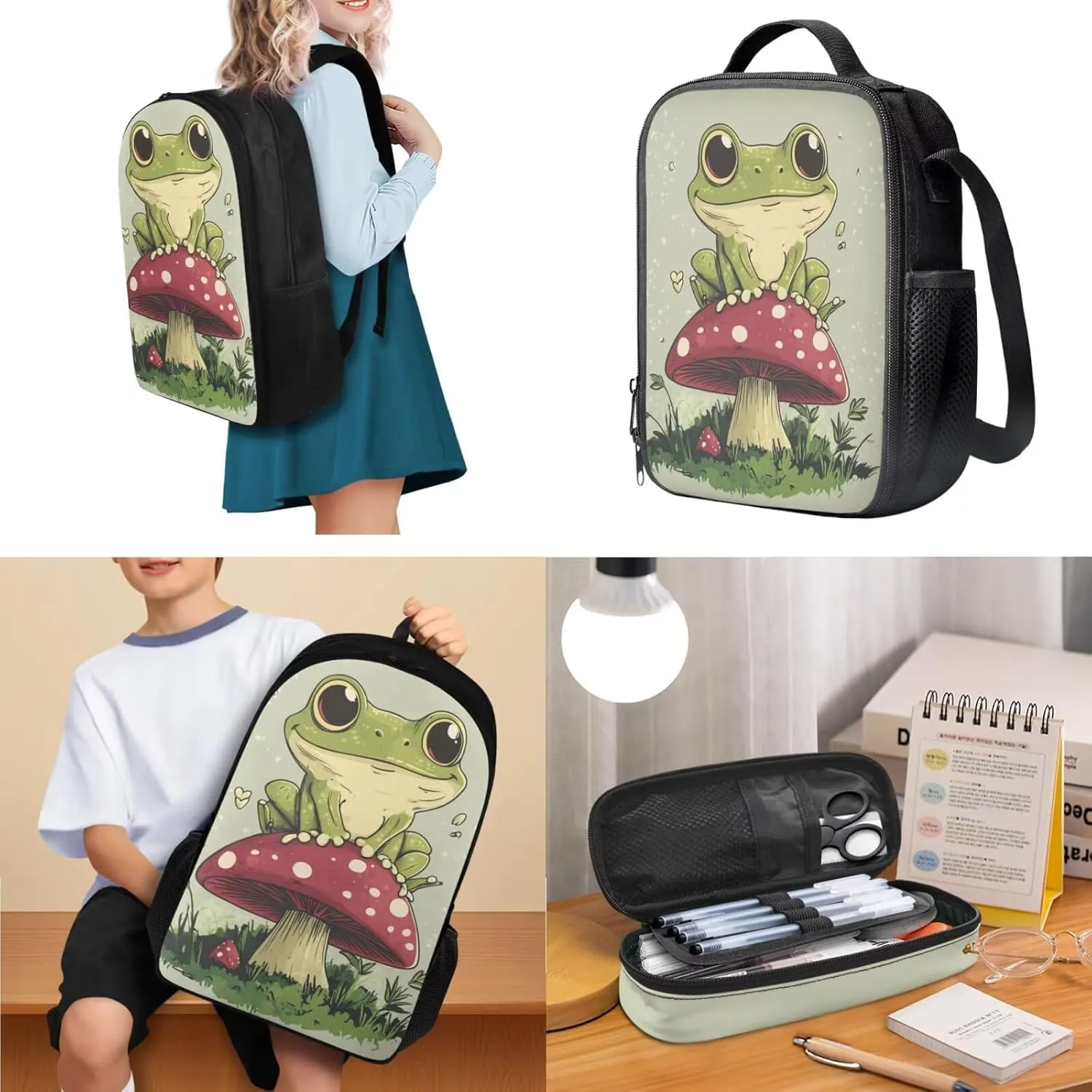 doginthehole Cute Frog Backpack for Girls 3pcs Set Lightweight Kids Backpack with Lunch Box Students Kawaii Mushroom Book Bag for Preschool Elementary Primary School Bags