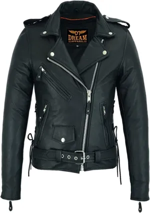 Dream Apparel Women’s Classic Leather Motorcycle Jacket with Zip Out Lining, Biker Jacket for Ladies with Side Laces, Black