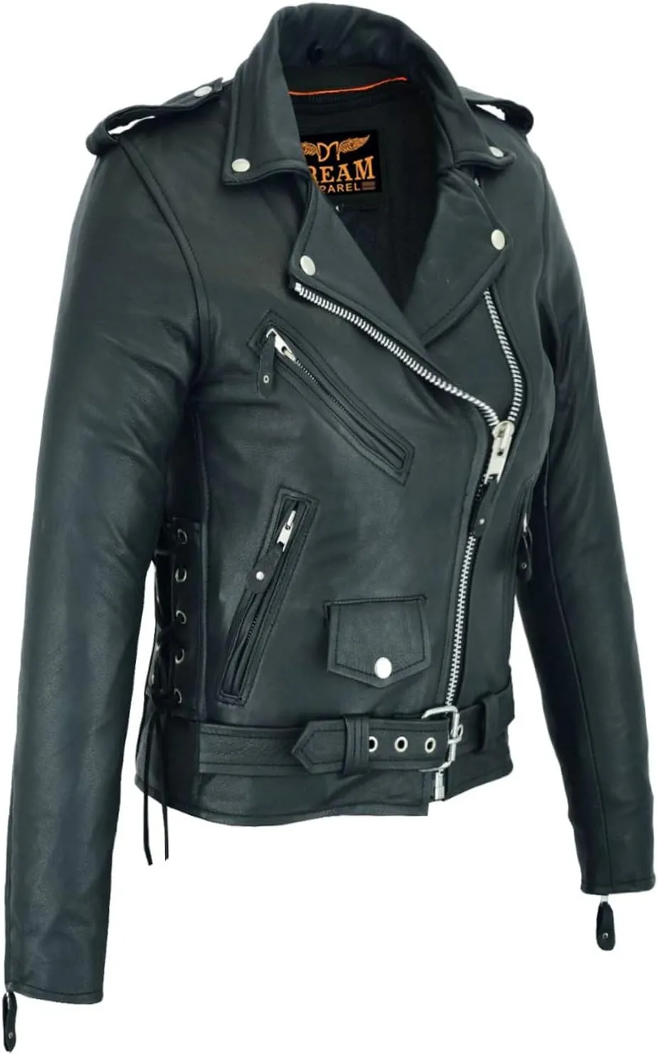 Dream Apparel Women’s Classic Leather Motorcycle Jacket with Zip Out Lining, Biker Jacket for Ladies with Side Laces, Black