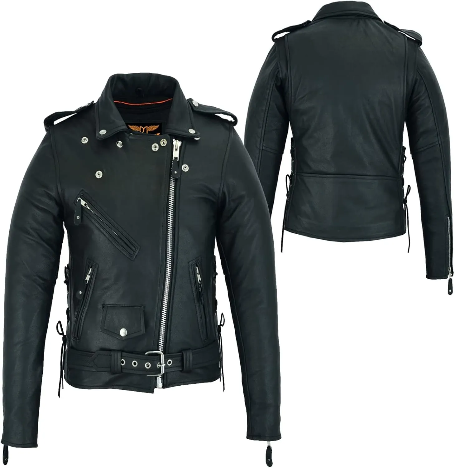 Dream Apparel Women’s Classic Leather Motorcycle Jacket with Zip Out Lining, Biker Jacket for Ladies with Side Laces, Black