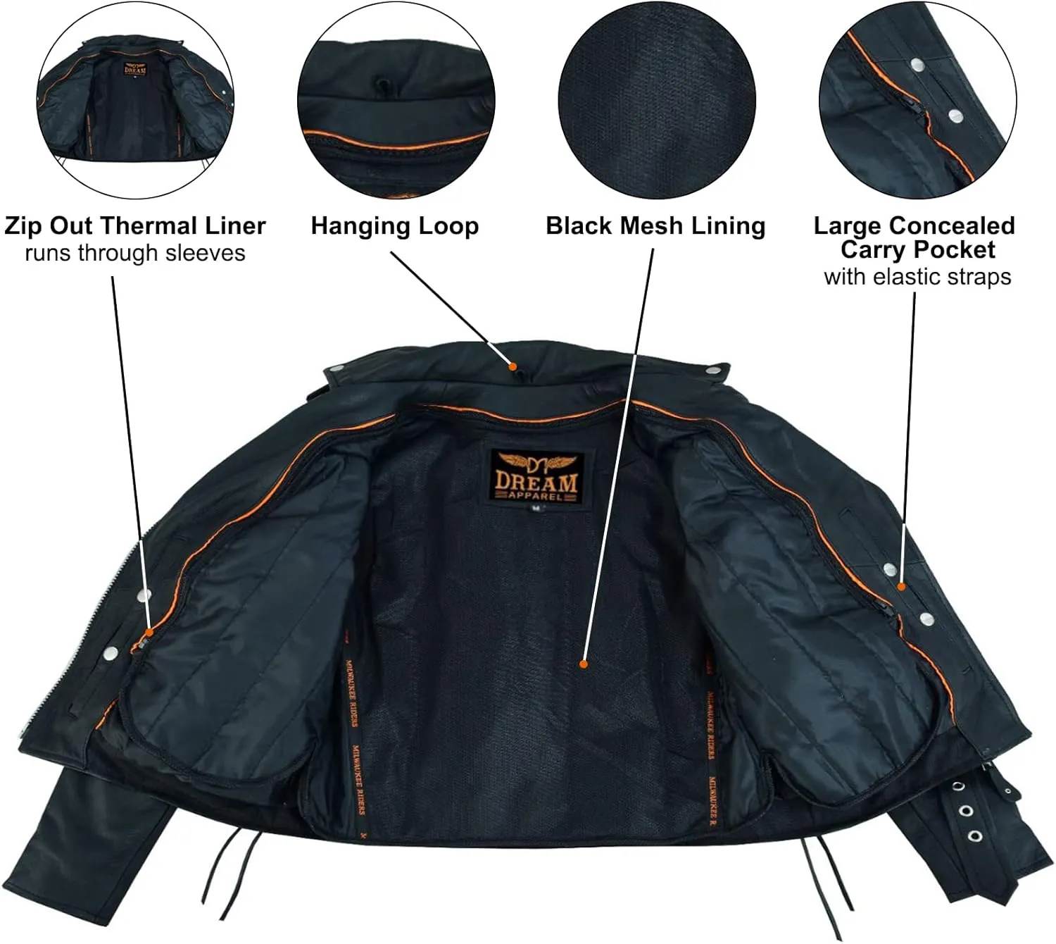 Dream Apparel Women’s Classic Leather Motorcycle Jacket with Zip Out Lining, Biker Jacket for Ladies with Side Laces, Black