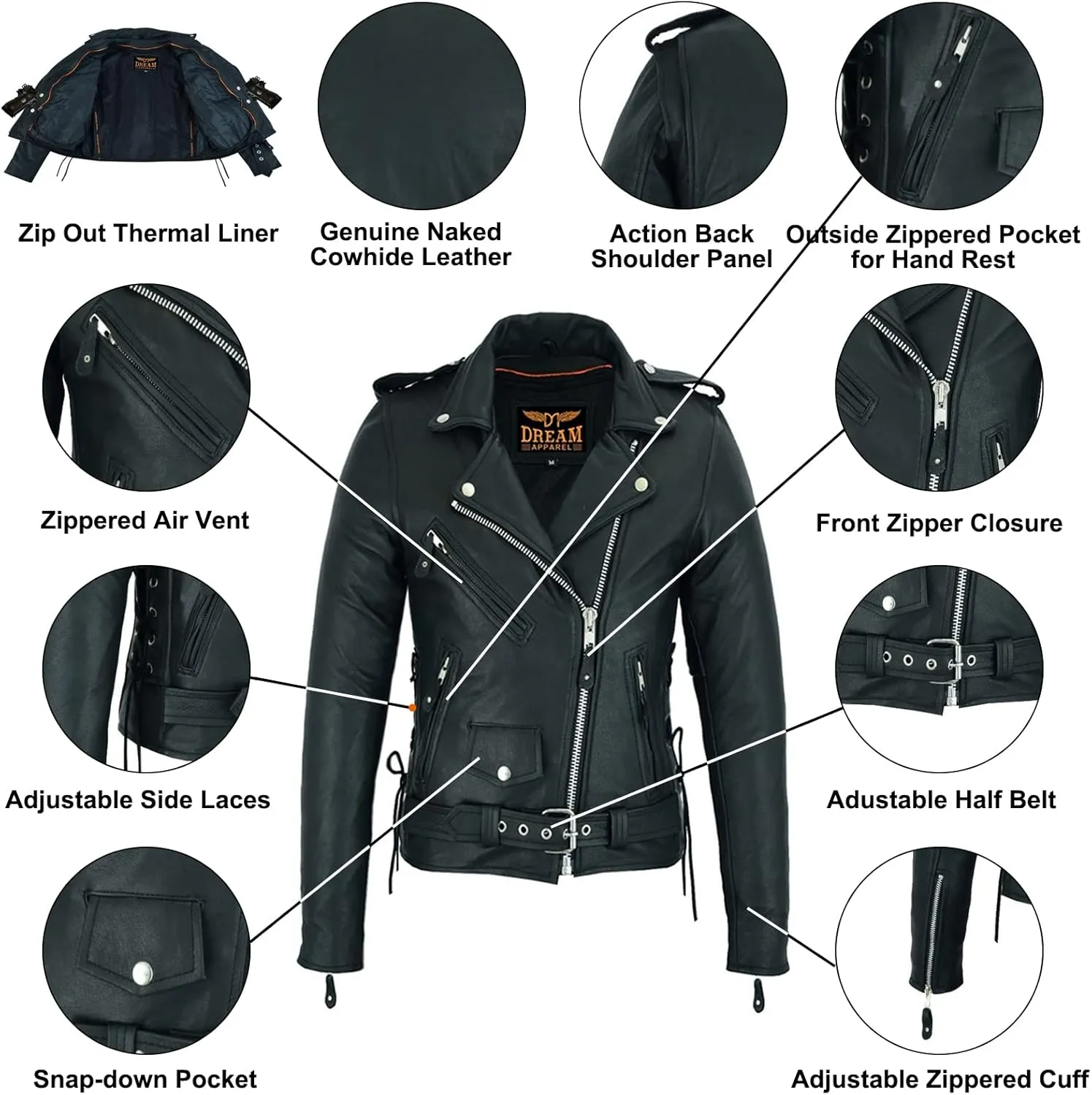 Dream Apparel Women’s Classic Leather Motorcycle Jacket with Zip Out Lining, Biker Jacket for Ladies with Side Laces, Black