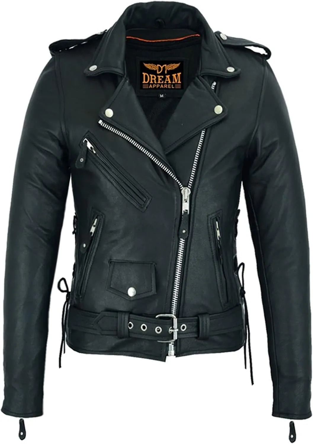 Dream Apparel Women’s Classic Leather Motorcycle Jacket with Zip Out Lining, Biker Jacket for Ladies with Side Laces, Black