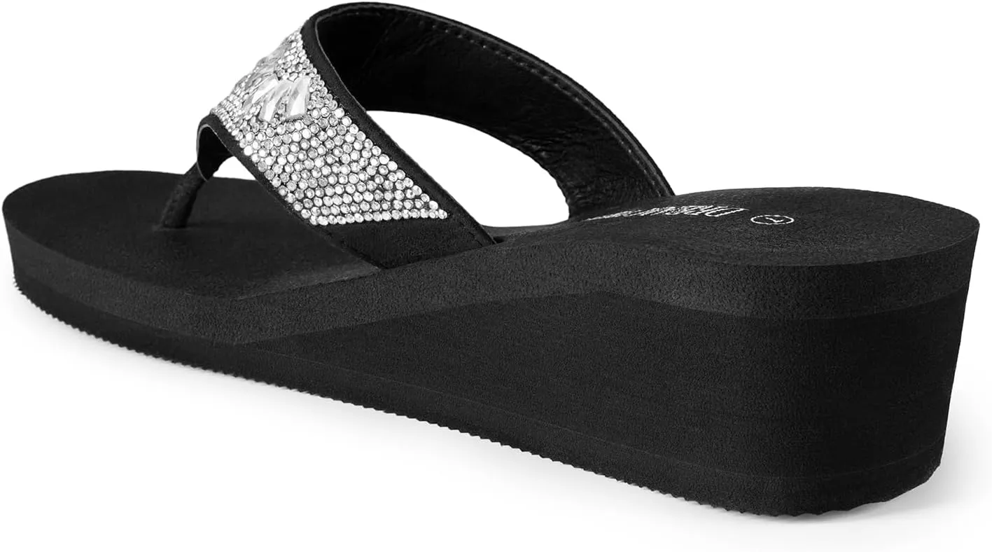 DREAM PAIRS Women's Rhinestone Platform Wedge Flip Flops Summer Beach Comfortable Thong Sandals