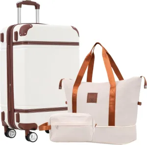 Durable Lightweight Hardshell Luggage Set with Tote and Toiletry Bags, Expandable 24 inch Suitcase, Classic White