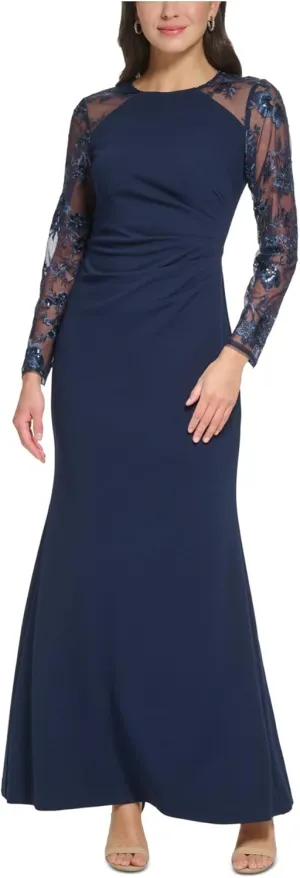 Eliza J Women's Embellished Combo Side-Ruched Gown (Navy Blue, 8)