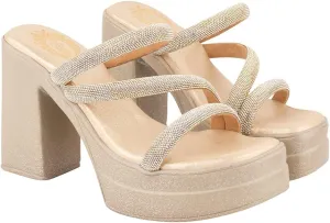 Embellished Block Heels | Cushioned Footbed |Casual, Ethnic, Party, Wedding, Festive | Comfortable, Golden, 2 UK