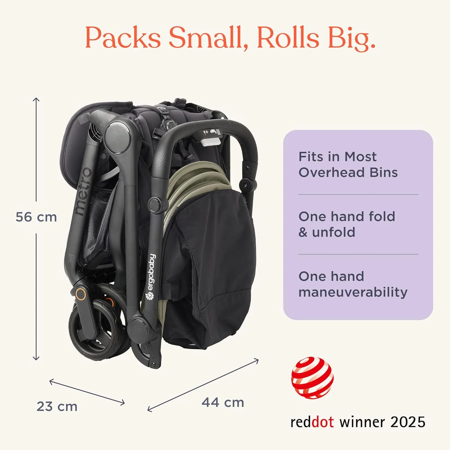 Ergobaby Metro 3 All in One Compact Baby Stroller, Lightweight Travel Stroller, Easy One-Hand Fold for Overhead Airplane Storage (Carries up to 50 lbs), Car Seat Compatible, Onyx Black