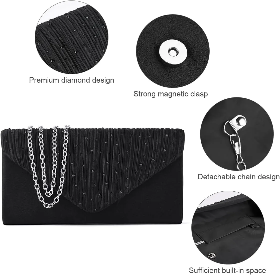 Evening Bag Clutch Purses for Women, Rhinestones Purse, Sparkling Envelope Evening Bag with Detachable Chain