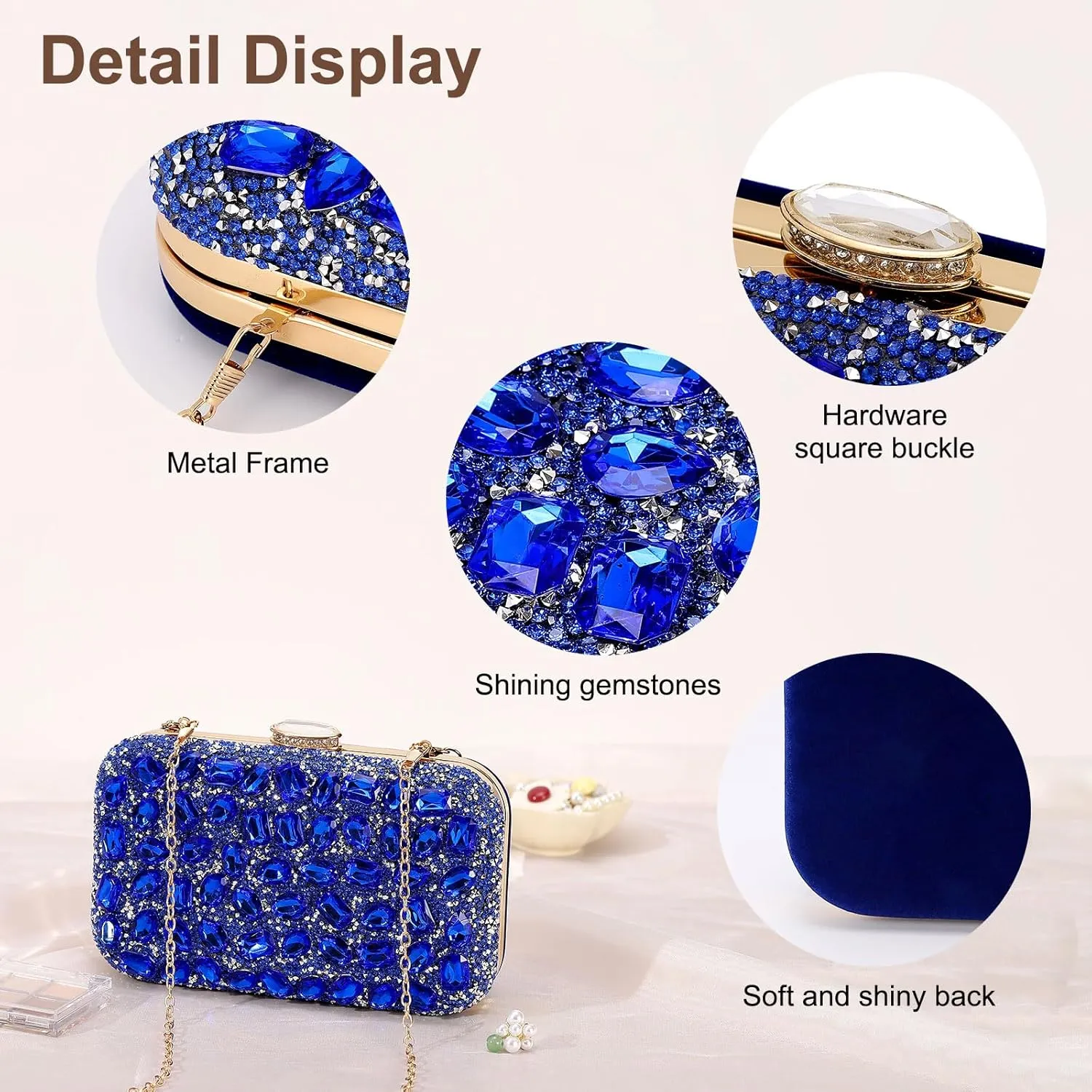 Evening Bags Clutch Purses for Women Formal, Gemstone Handbag Crystal Rhinestone Crossbody Square Bag with Chain Shoulder Bag Sparkly for Wedding Guest Party Blue