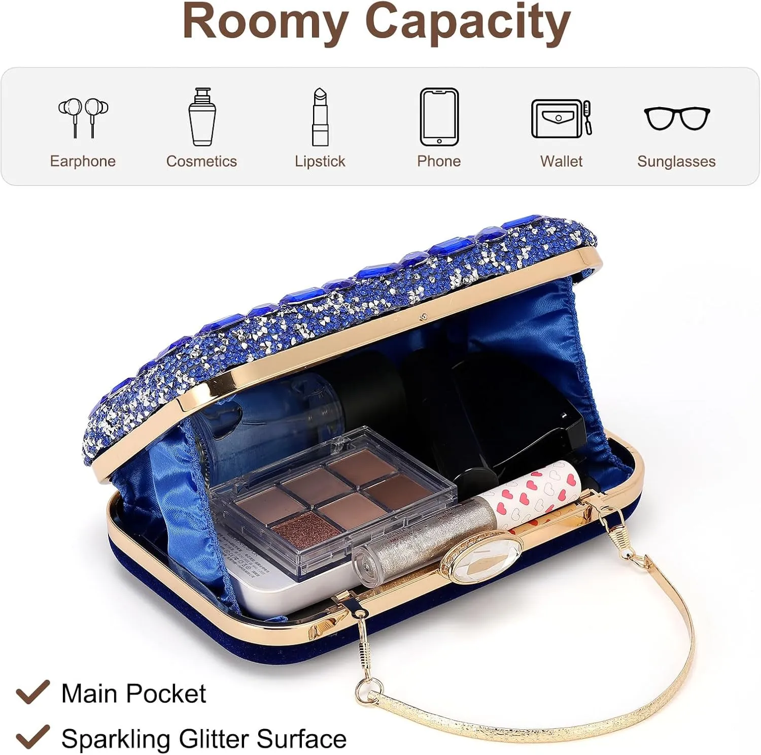 Evening Bags Clutch Purses for Women Formal, Gemstone Handbag Crystal Rhinestone Crossbody Square Bag with Chain Shoulder Bag Sparkly for Wedding Guest Party Blue