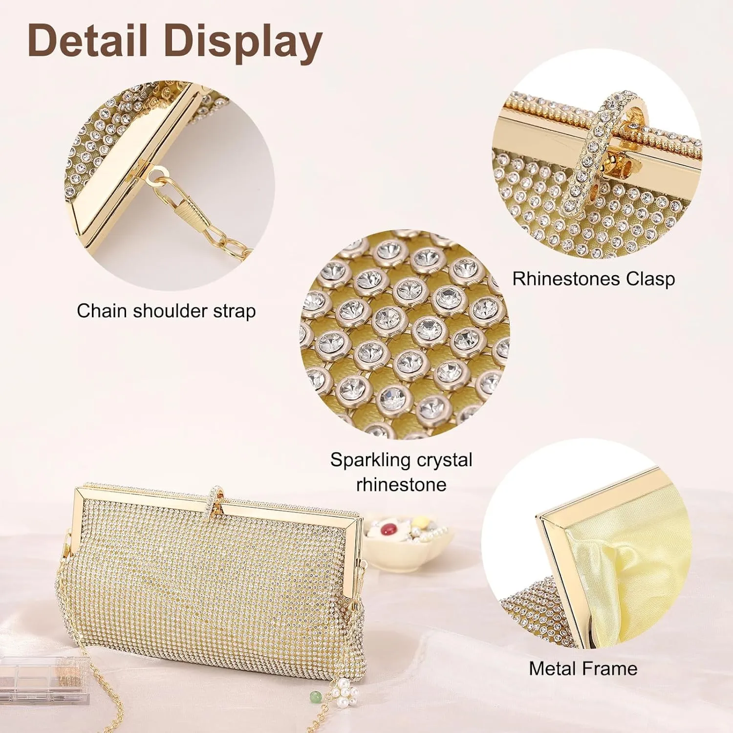 Evening Bags Clutch Purses for Women Formal, Metallic Purses Crystal Rhinestone Crossbody Handbag with Chain Shoulder Bag Sparkly for Wedding Guest Party Gold