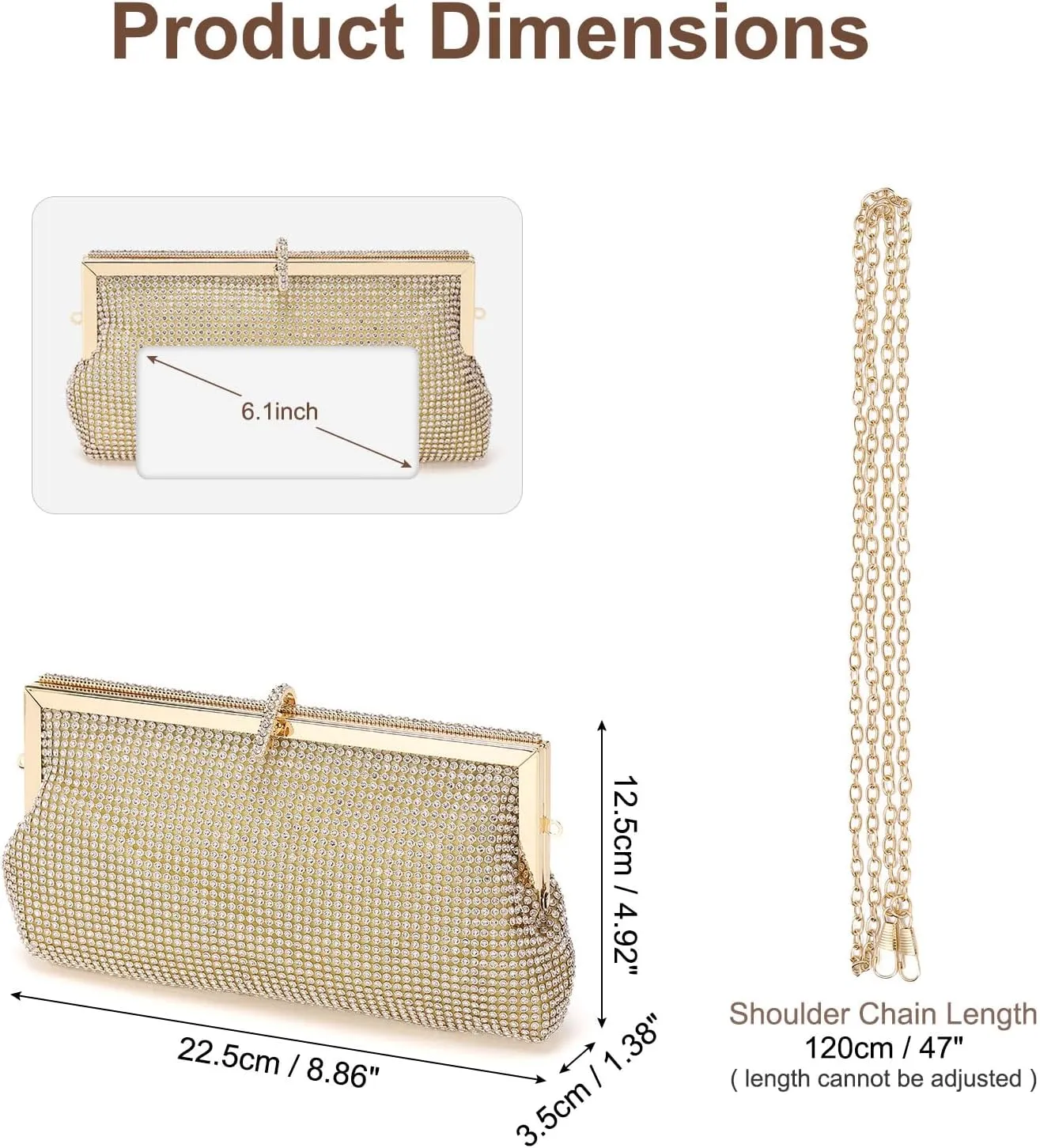 Evening Bags Clutch Purses for Women Formal, Metallic Purses Crystal Rhinestone Crossbody Handbag with Chain Shoulder Bag Sparkly for Wedding Guest Party Gold
