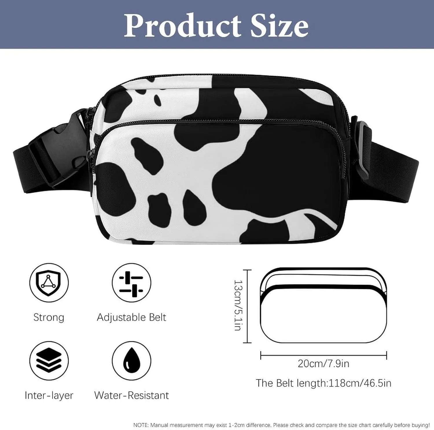 Fanny Pack for Men&Women Crossbody Waist Bag Small Sling Backpack Black And White Cow Print Belt Bag