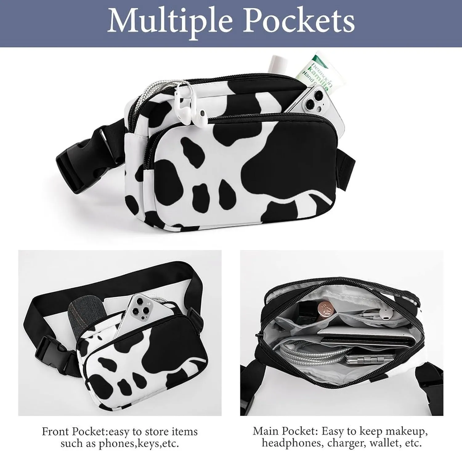 Fanny Pack for Men&Women Crossbody Waist Bag Small Sling Backpack Black And White Cow Print Belt Bag