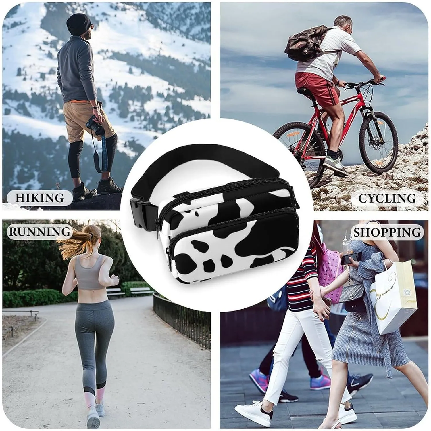Fanny Pack for Men&Women Crossbody Waist Bag Small Sling Backpack Black And White Cow Print Belt Bag
