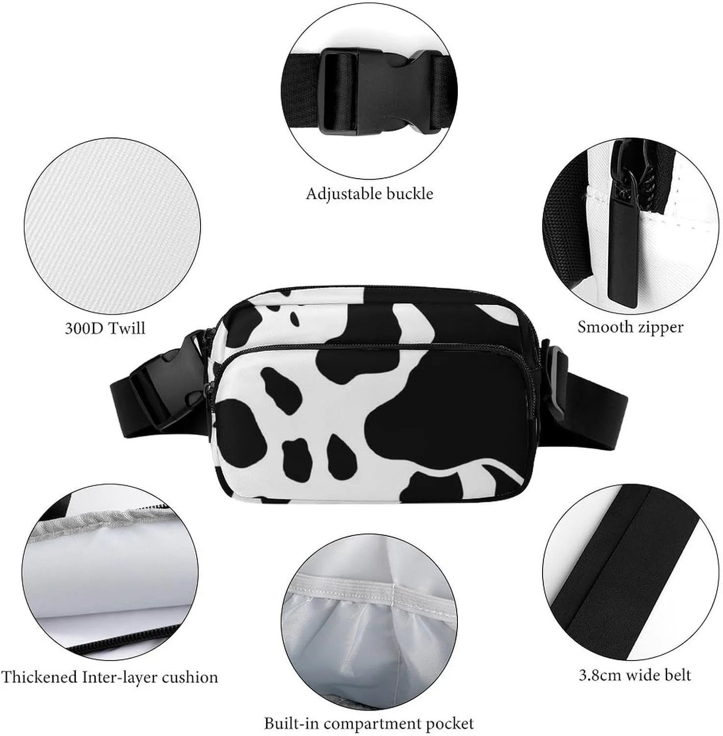 Fanny Pack for Men&Women Crossbody Waist Bag Small Sling Backpack Black And White Cow Print Belt Bag