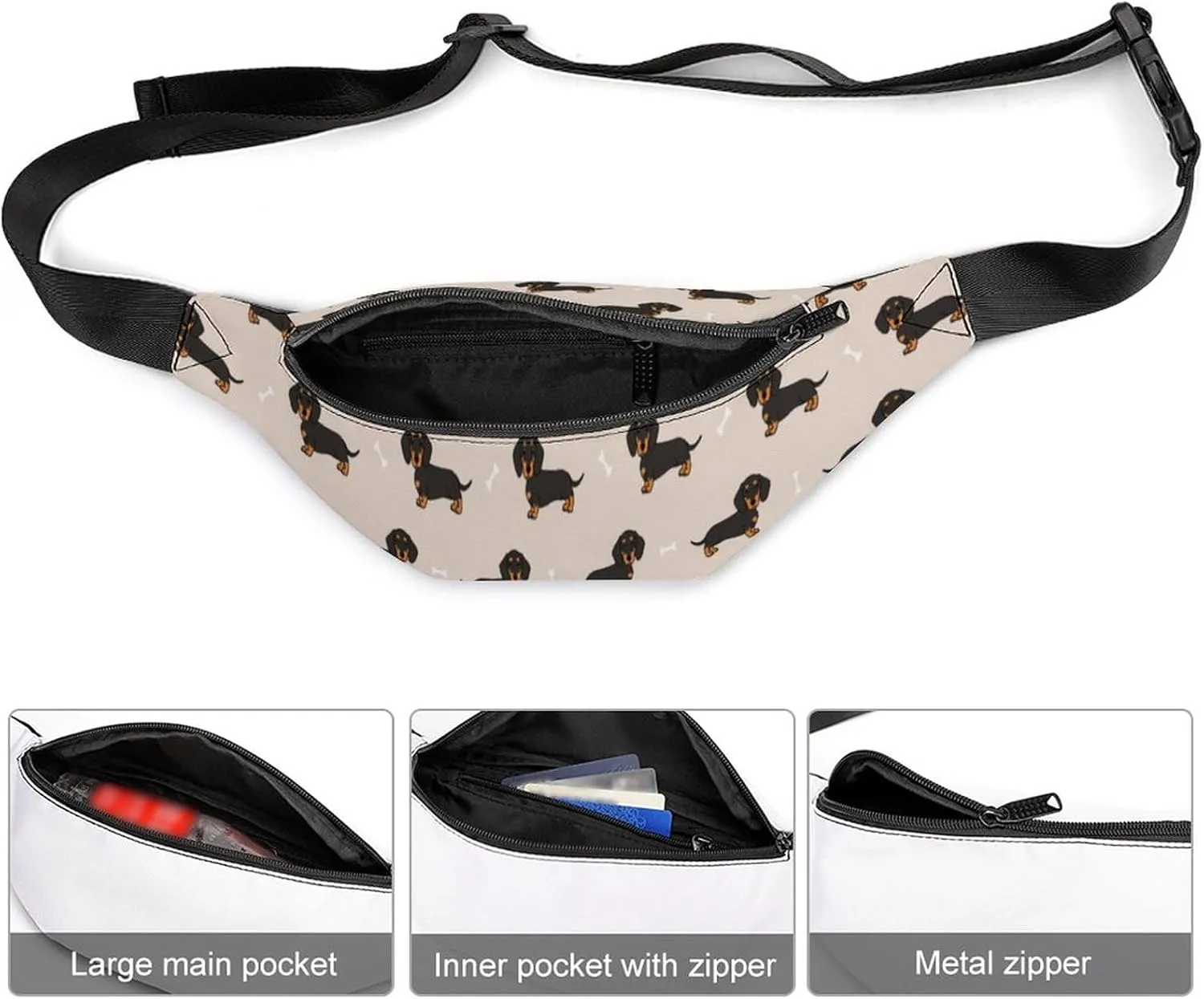 Fanny Packs Unisex Fashionable Water Resistant Waist Pack, Wiener Dog Doxie Dachshund Weiner Dog Pet Dogs Hip Bum Bags for Outdoors Sports Travel Party Daily Use Belt Bag