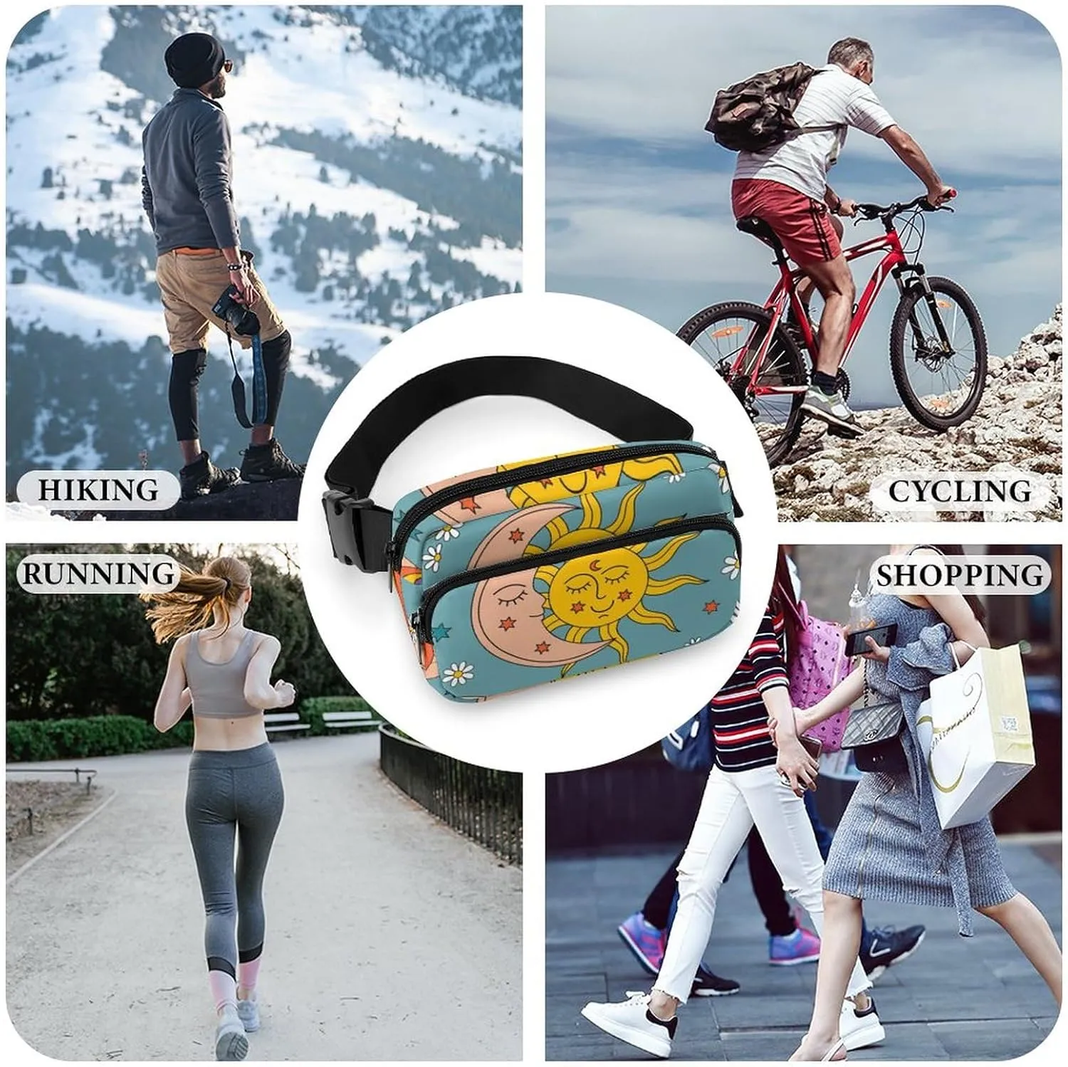 Fanny Packs Waist Pack for Women, Waterproof Stylish Waist Pack Adjustable Crossbody Bags, Retro Tarot Card Rainbow Moon Sun Small Belt Bag for Workout Running Traveling Hiking